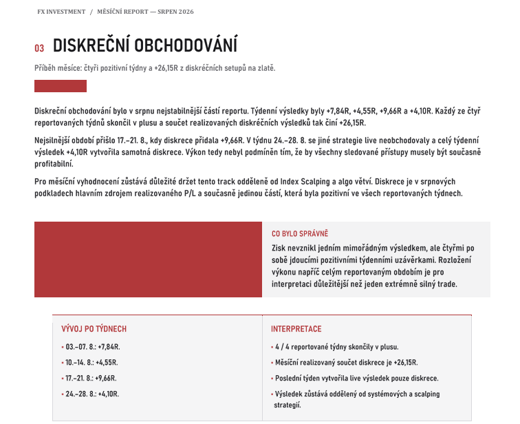 Ukázka měsíčního reportu FX Investment za srpen 2026 – diskréční obchodování