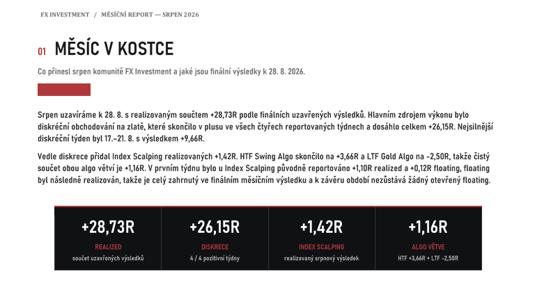 Ukázka měsíčního reportu FX Investment za srpen 2026 – měsíc v kostce